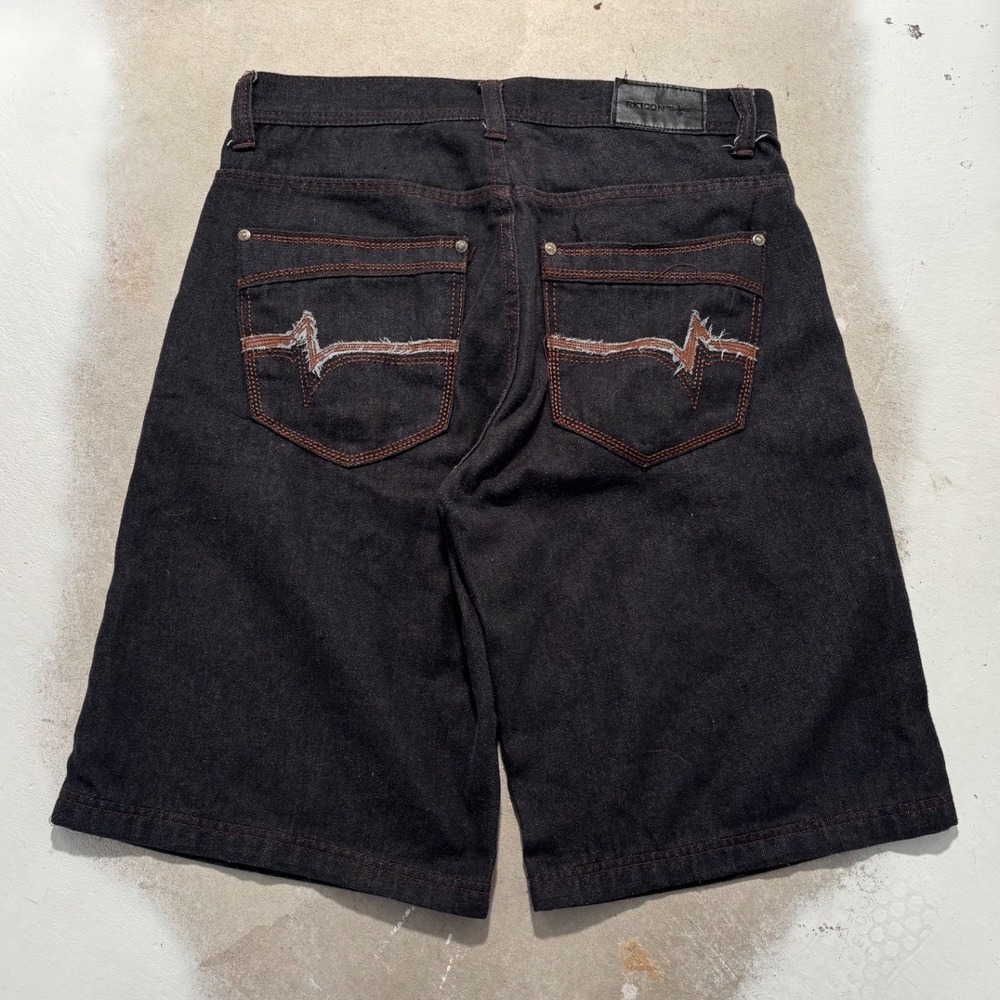 RK ICON Mens Black Denim Shorts Embroidered Pockets Y2K Skater Size 32